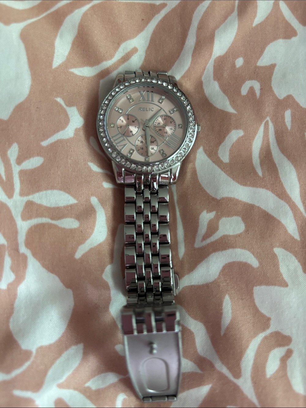 Relic Silver-Tone Bracelet Watch with Pink Sunray Dial
